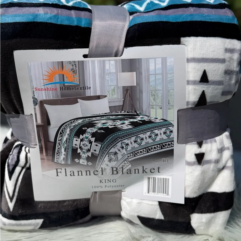 King size super soft Flannel blanket thick southwestern Aztec black white azul